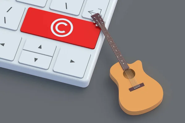 Copyright symbol on red keyboard button near guitar. Intellectual property concept. Copyright of the music or song. 3d render