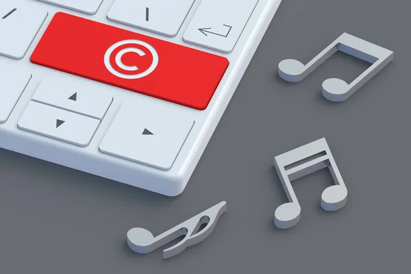 Copyright symbol on red keyboard button near notes. Intellectual property concept. Copyright of the music or song. 3d render