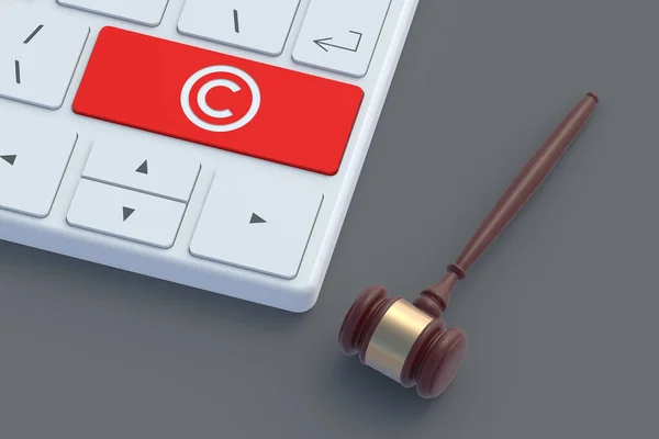 Símbolo Copyright Botón Rojo Del Teclado Cerca Del Martillo Juez — Foto de Stock