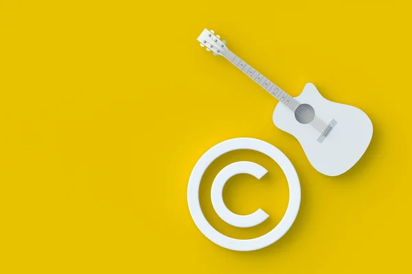 Copyright symbol near guitar. Intellectual property concept. Copyright of the music or song. Top view. Copy space. 3d render