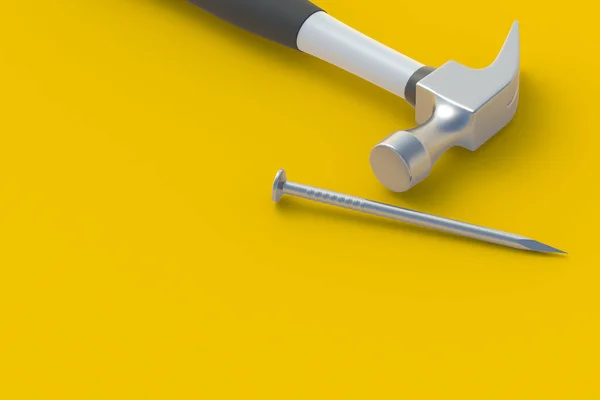 Hammer Der Nähe Nagel Auf Gelbem Hintergrund Baukonzept Haussanierung Werkzeuge — Stockfoto