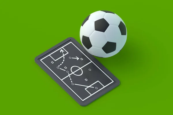 ボールの近くにチーム戦術を持つ黒板 サッカー戦略の概念 国際選手権 スポーツ教育 3Dレンダリング — ストック写真