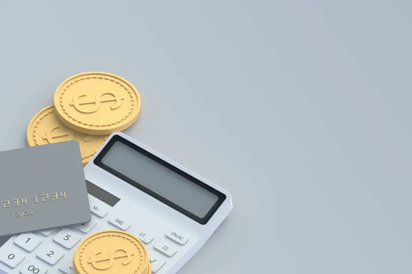 Калькулятор Монети Біля Кредитної Картки Сірому Столі Концепція Фінансової Кризи — стокове фото