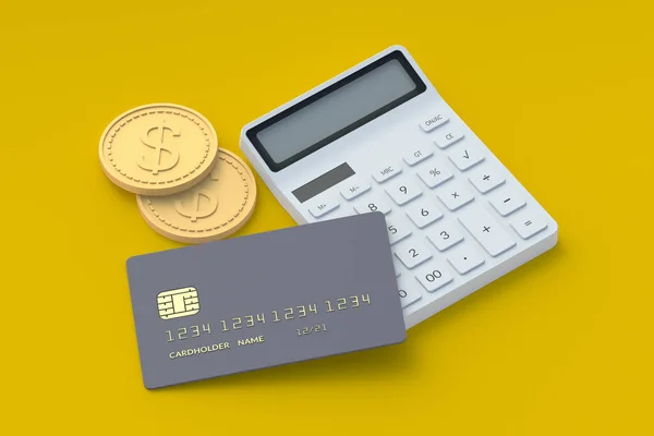 Calculator and coins near credit card on gray table. Financial crisis concept. Growth or fall of the economy. Home, family budget. Economic sanctions. 3d render