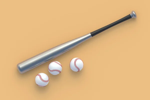 ベージュ地に野球のバットとボール スポーツ用具 プロリーグ レジャー用のゲーム 最上階だ 3Dレンダリング — ストック写真