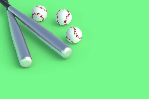 緑色の背景に金属製の野球バットとボール スポーツ用具 プロリーグ レジャー用のゲーム コピースペース 3Dレンダリング — ストック写真