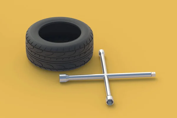 ホイールレンチとタイヤ 車のサービス 車のタイヤを装着 自動車タイヤのフィッティング 3Dレンダリング — ストック写真