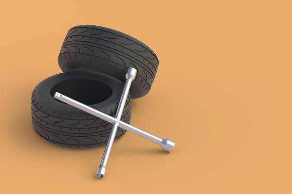 车轮扳手和轮胎 汽车服务 安装汽车轮胎 汽车轮胎配件 复制空间 3D渲染 — 图库照片