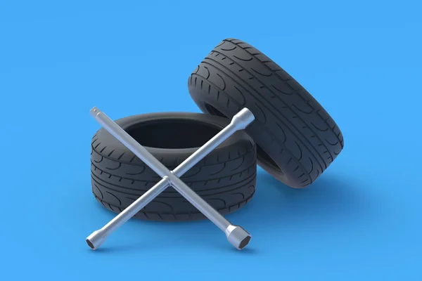 交叉轮扳手和轮胎 汽车服务 安装汽车轮胎 汽车轮胎配件 3D渲染 — 图库照片