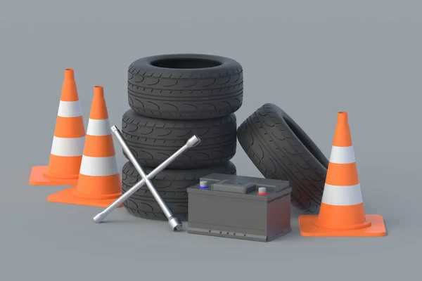 车轮扳手 电池和道路锥 汽车服务 汽车零部件 3D渲染 — 图库照片