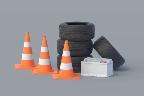 Tyres, battery and road cones. Car service. Automotive parts. 3d render