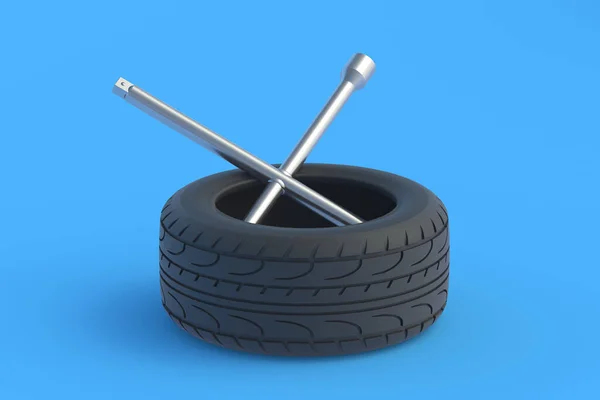 交叉轮扳手和轮胎 汽车服务 安装汽车轮胎 汽车轮胎配件 3D渲染 — 图库照片