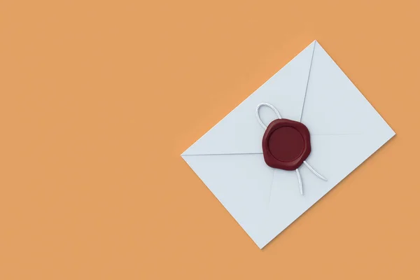 Postal envelope with wax seal stamp. Confidential mail concept. Business correspondence. Top view. Copy space. 3d render
