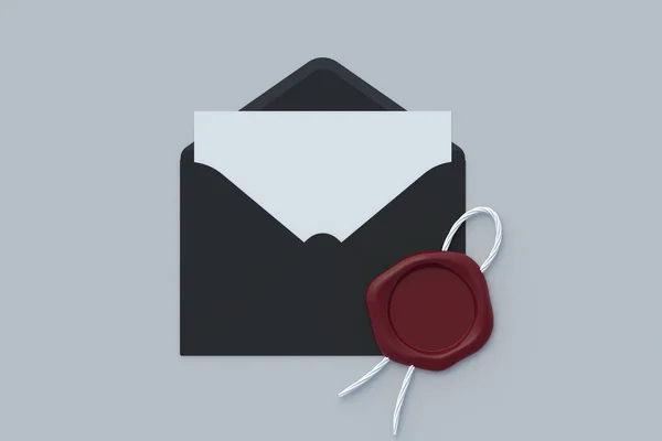 拆开的邮包 贴有空白纸片和蜡封条 机密邮件的概念 商务信函 顶部视图 3D渲染 — 图库照片