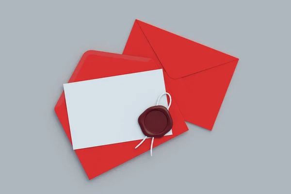 白紙とワックスシールスタンプと折り畳まれていない郵便封筒 機密メールの概念 ビジネス対応 最上階だ 3Dレンダリング — ストック写真