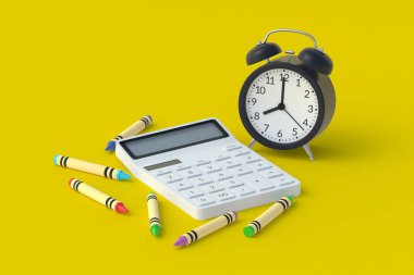 Alarm saati ve balmumu kalemlerin yanında hesap makinesi var. Okul konseptine geri dönelim. Ofis malzemeleri. Finansal kriz. Ev, aile bütçesi. Yüksek öğrenim. 3d hazırlayıcı