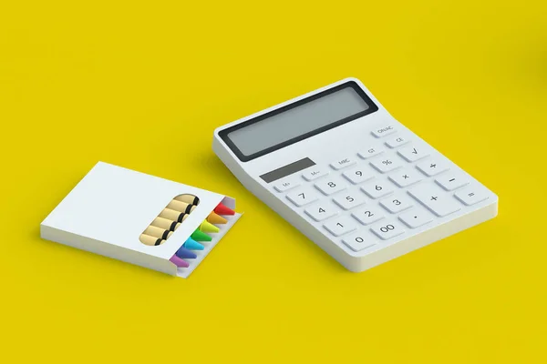 Kalkulator Zestaw Kolorowych Ołówków Woskowych Wracając Koncepcji Szkoły Artykuły Biurowe — Zdjęcie stockowe
