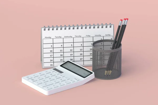 Kalkulator Kalendarz Ołówki Uchwycie Wracając Koncepcji Szkoły Artykuły Biurowe Kryzys — Zdjęcie stockowe