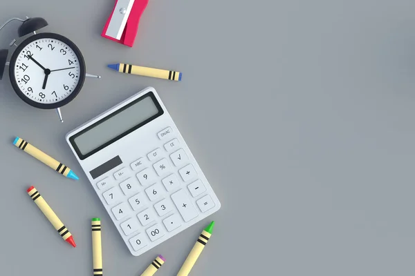 Calculator and stationery supplies. Back to school concept. Office supplies. Financial crisis. Home, family budget. Higher education. Flat lay. Copy space. 3d render