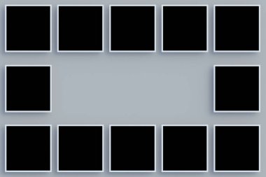 Çok sayıda izole edilmiş siyah alan var. Fotoğraf için şablon. Anıların görüntüleri. 3d hazırlayıcı