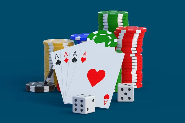 チップ カード サイコロをプレイ カジノのコンセプト ギャンブルだ 成功と勝利 大きな勝利だ 損失と破産 3Dレンダリング — ストック写真