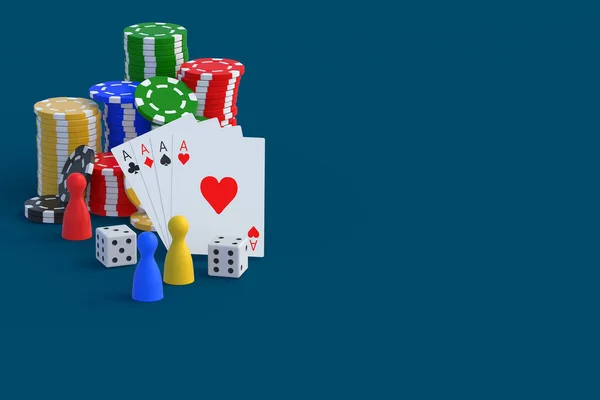 Jogando Fichas Cartas Figuras Dados Canto Conceito Casino Jogar Sucesso — Fotografia de Stock
