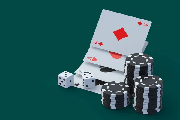 チップ カード サイコロをプレイ カジノのコンセプト ギャンブルだ 成功と勝利 大きな勝利だ 損失と破産 コピースペース 3Dレンダリング — ストック写真