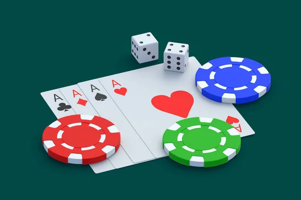 玩筹码 纸牌和骰子 赌场的概念 成功与胜利 大获全胜损失和破产 3D渲染 — 图库照片
