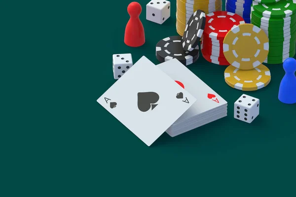 玩筹码 数字和骰子 赌场的概念 成功与胜利 大获全胜损失和破产 复制空间 3D渲染 — 图库照片