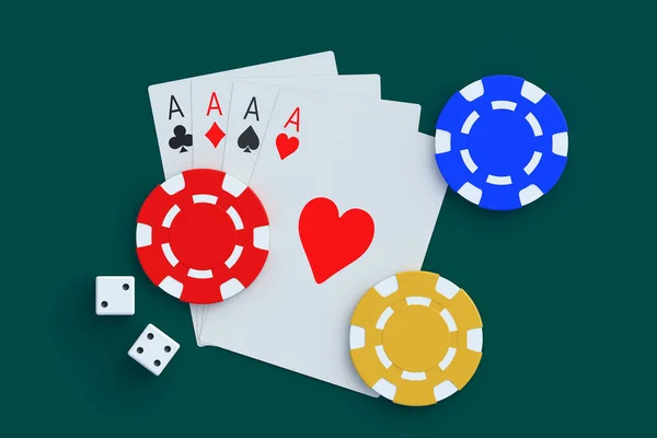 玩筹码 纸牌和骰子 赌场的概念 成功与胜利 大获全胜损失和破产 顶部视图 3D渲染 — 图库照片