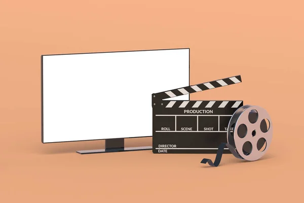 クラッパーと映画リールの近くに白い隔離された画面を持つ現代のテレビ 映画のコンセプト 新しい映画初公開 映画産業 3Dレンダリング — ストック写真