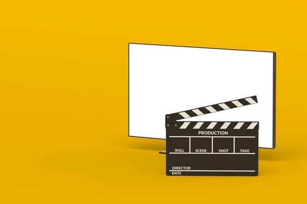 クラッパーの近くに白い隔離された画面を持つ現代のテレビ 映画のコンセプト 新しい映画初公開 映画産業 コピースペース 3Dレンダリング — ストック写真