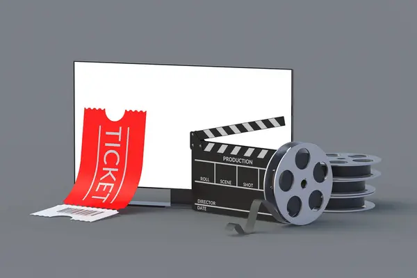 Moderní Televize Bílou Izolovanou Obrazovkou Blízkosti Clapper Film Naviják Vstupenka — Stock fotografie