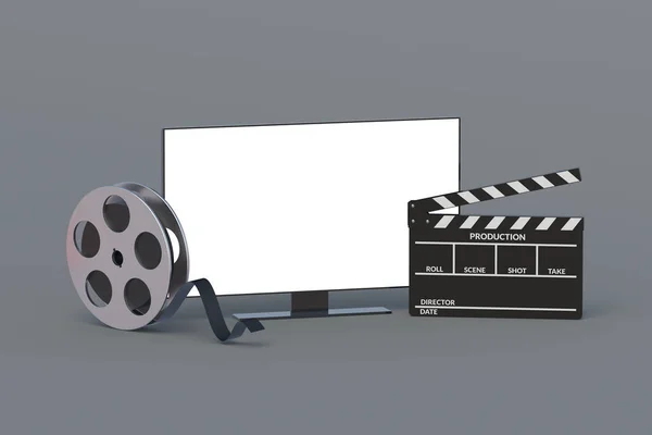 クラッパーと映画リールの近くに白い隔離された画面を持つ現代のテレビ 映画のコンセプト 新しい映画初公開 映画産業 3Dレンダリング — ストック写真