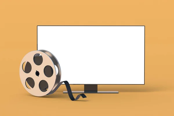 Современный Телевизор Белым Изолированным Экраном Рядом Кинокатушкой Концепция Кино Новая — стоковое фото