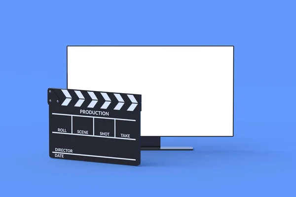 现代电视 有白色的隔离屏幕靠近拍手 电影概念 新的电影首映 电影制作行业 3D渲染 — 图库照片
