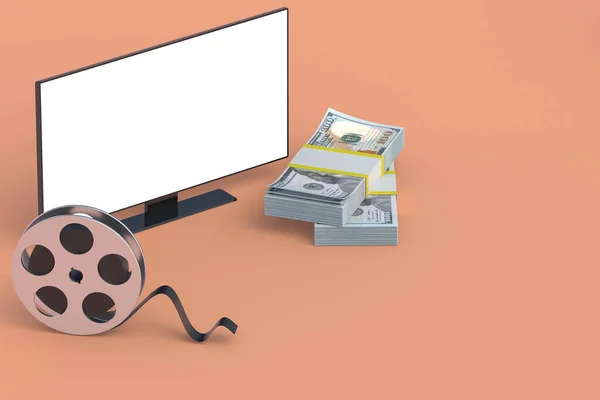 お金と映画リールのスタックの近くに白い隔離された画面を持つ現代のテレビ 現金代だ 生産コスト 手数料の額 映画産業 コピースペース 3Dレンダリング — ストック写真