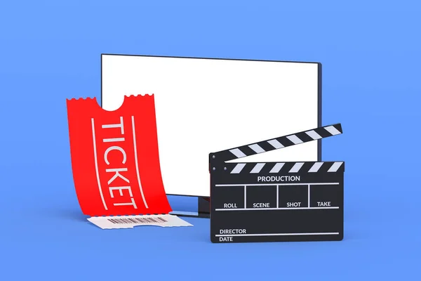Σύγχρονη Τηλεόραση Λευκό Απομονωμένη Οθόνη Κοντά Clapper Και Εισιτήριο Κινηματογραφική — Φωτογραφία Αρχείου