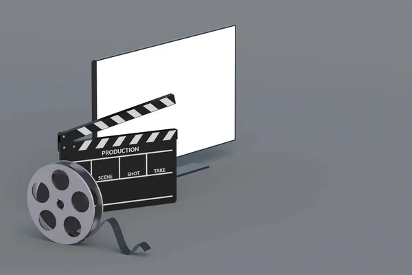 クラッパーと映画リールの近くに白い隔離された画面を持つ現代のテレビ 映画のコンセプト 新しい映画初公開 映画産業 コピースペース 3Dレンダリング — ストック写真