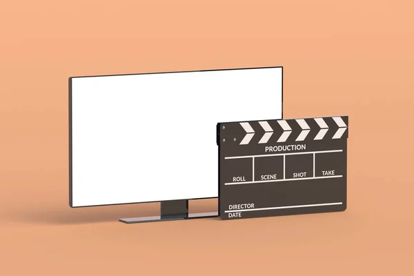 Современный Телевизор Белым Изолированным Экраном Рядом Клаппером Концепция Кино Новая — стоковое фото