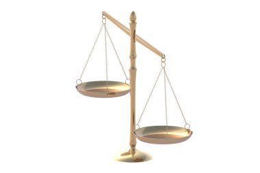 Adalet terazisi beyaz arka planda izole edilmiş. 3d hazırlayıcı