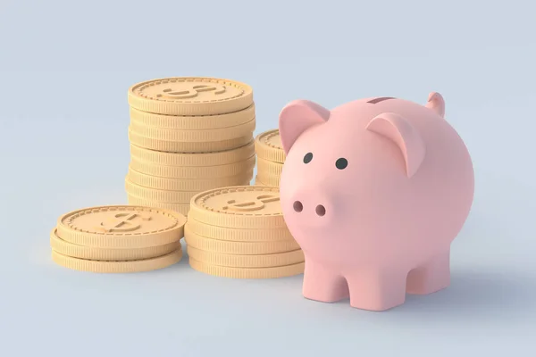 皮格银行靠近一堆堆硬币 财务概念 保持和增加收入 3D渲染 — 图库照片