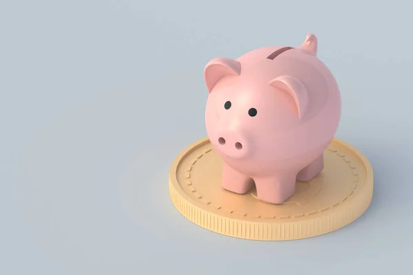 小猪银行在硬币上 财务概念 保持和增加收入 复制空间 3D渲染 — 图库照片