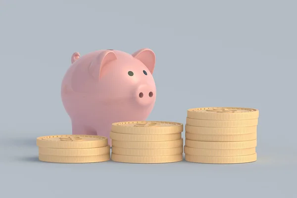 小猪银行靠近硬币 财务概念 保持和增加收入 3D渲染 — 图库照片