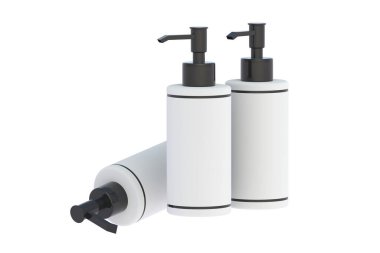 Beyaz arka planda izole edilmiş sıvı sabun şişeleri. Dispanser pompası. Kozmetik aksesuarlar. 3d hazırlayıcı