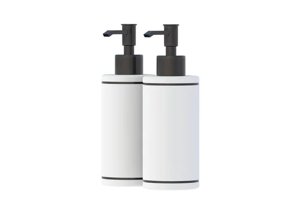 Dwie Butelki Mydła Płynie Wyizolowane Białym Tle Pompa Dozująca Akcesoria — Zdjęcie stockowe