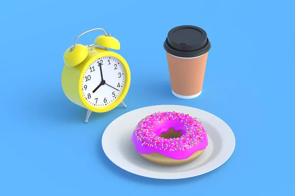 Ντόνατ Στο Πιάτο Κοντά Κύπελλο Ποτό Και Ξυπνητήρι Σχέδιο Γρήγορου — Φωτογραφία Αρχείου