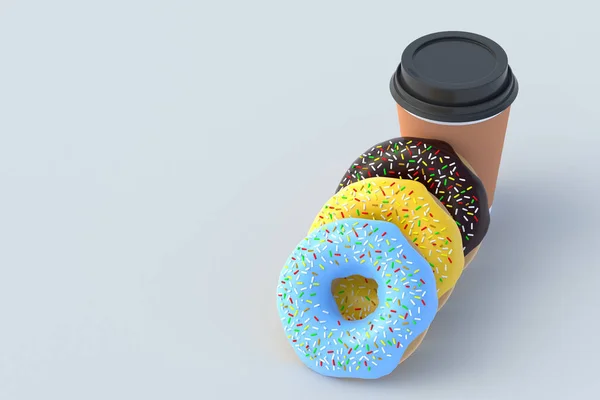 Donuts Der Nähe Tasse Mit Getränk Fast Food Konzept Essensausgabe — Stockfoto