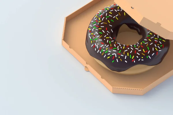 ピザボックスにドーナツ ファーストフードの概念 食料の配達だ 不健康なスナック コピースペース 3Dレンダリング — ストック写真