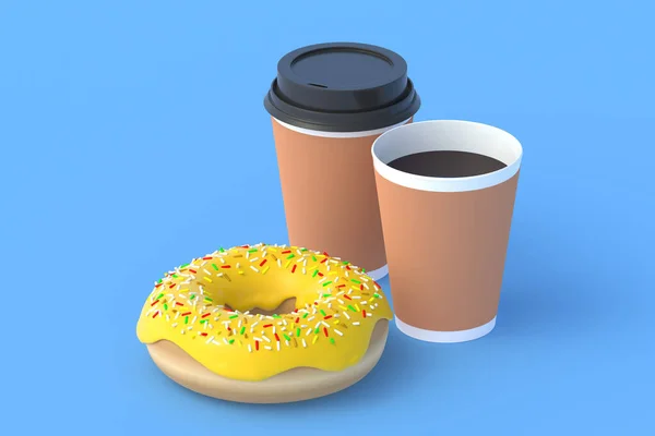 Donut Neben Tassen Mit Kaffee Fast Food Konzept Essensausgabe Ungesunde — Stockfoto